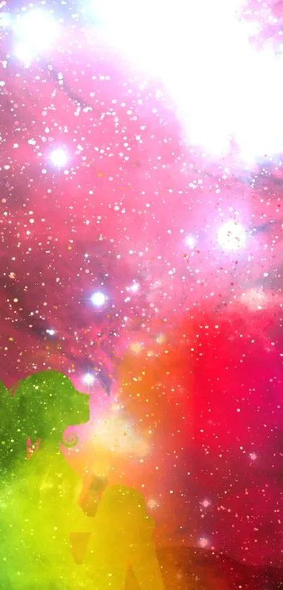 Cosmic fairy wallpaper with a vibrant nebula background and stars.