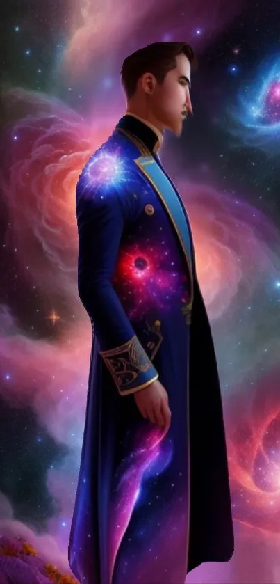 Man in cosmic-themed coat with swirling galaxy backdrop.