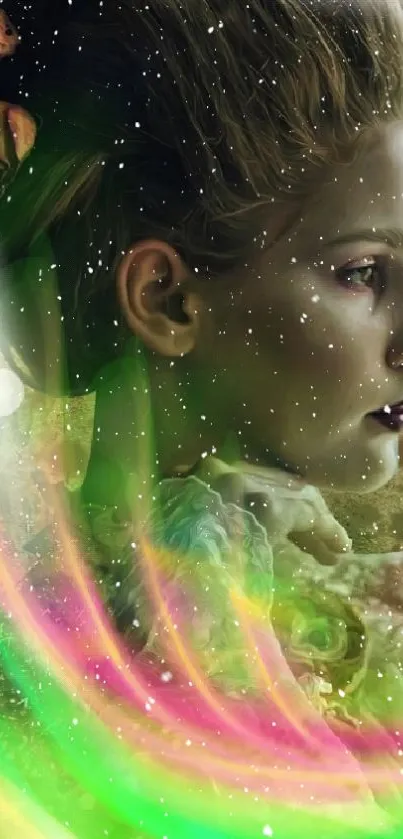 Cosmic fantasy art wallpaper with swirling colors and a dreamy portrait.