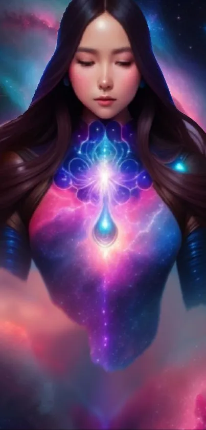 Fantasy cosmic girl with vibrant nebula colors.