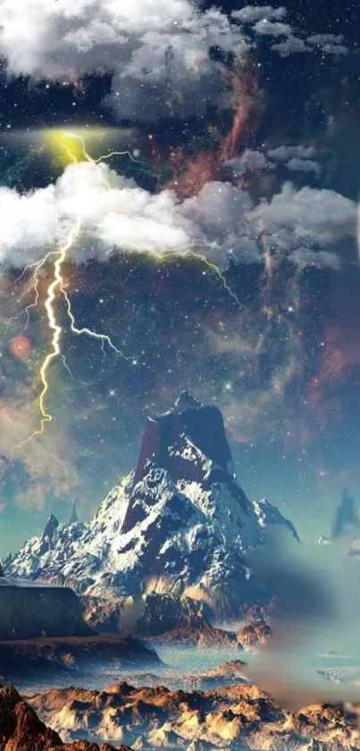 Cosmic landscape wallpaper with mountains, a planet, and dramatic lightning in space.