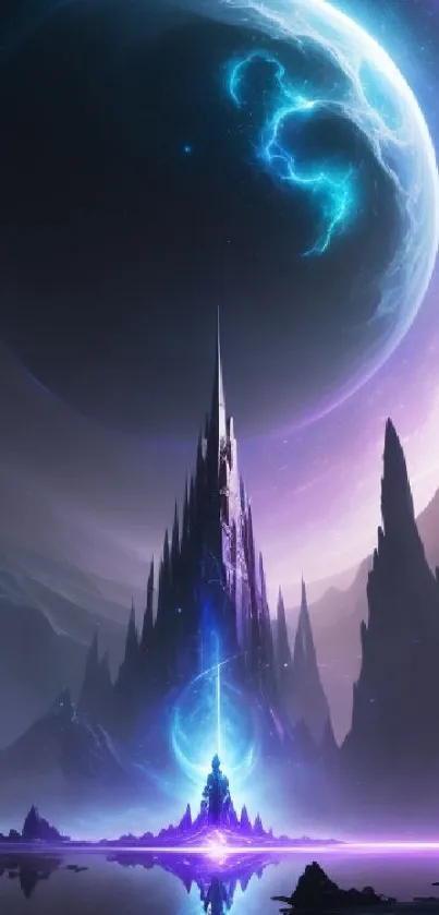 Fantasy landscape with cosmic moonlight and towering spires in deep hues.