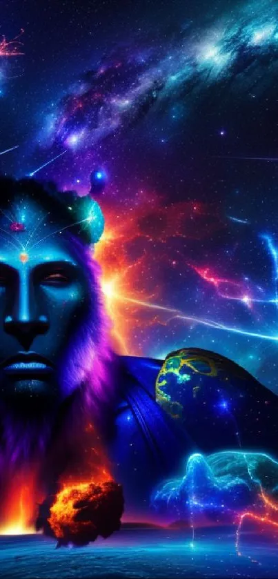 Fantasy cosmic lion with vibrant neon galaxy backdrop.