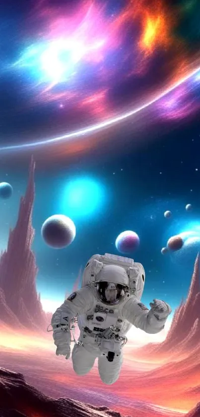 Vibrant cosmic landscape with planets and nebulae.