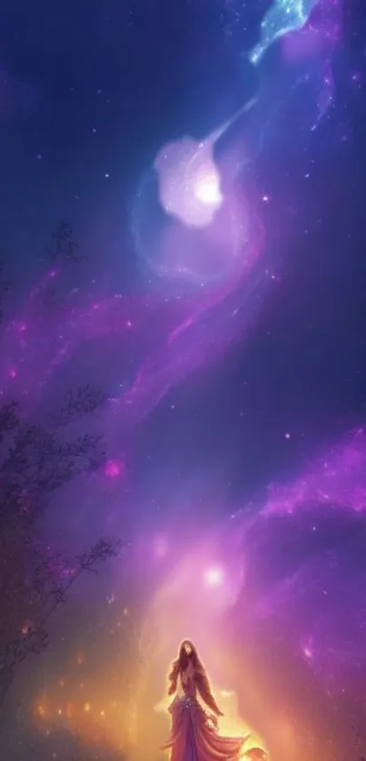 Fantasy cosmic wallpaper with stars and purple hues.