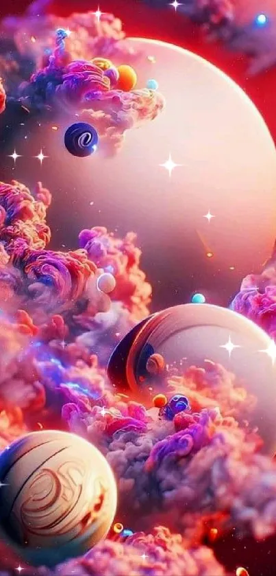 Colorful cosmic wallpaper with clouds and planets.