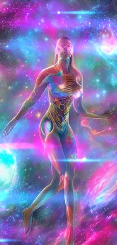 Ethereal figure floating in vibrant cosmic galaxy wallpaper.