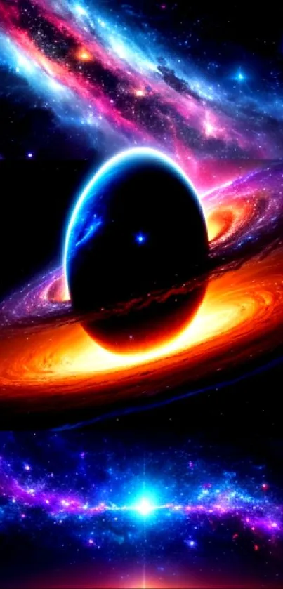 Cosmic fantasy wallpaper with galaxy, planet, and space imagery.