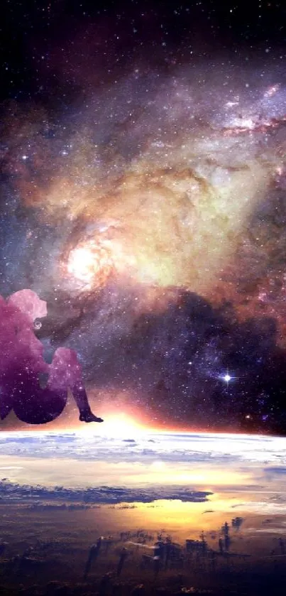 Fantasy figure overlooks colorful galaxy above Earth.