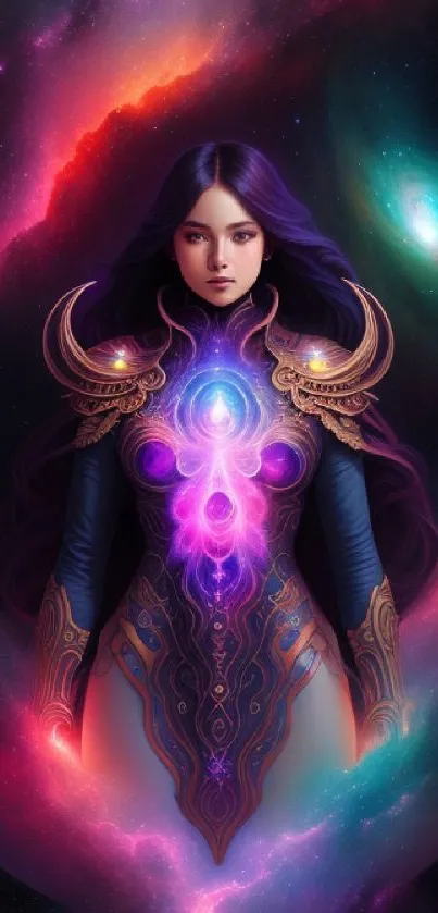 Fantasy warrior in purple cosmic armor