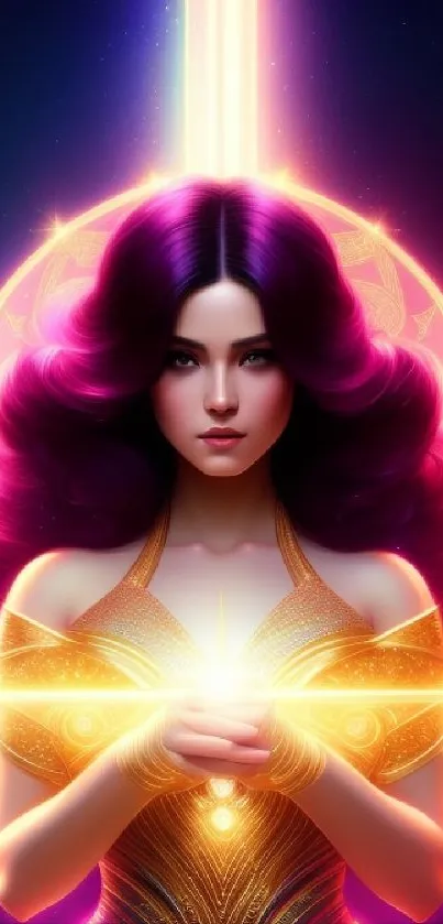 Fantasy wallpaper with cosmic woman in purple and gold hues, radiating vibrant energy.