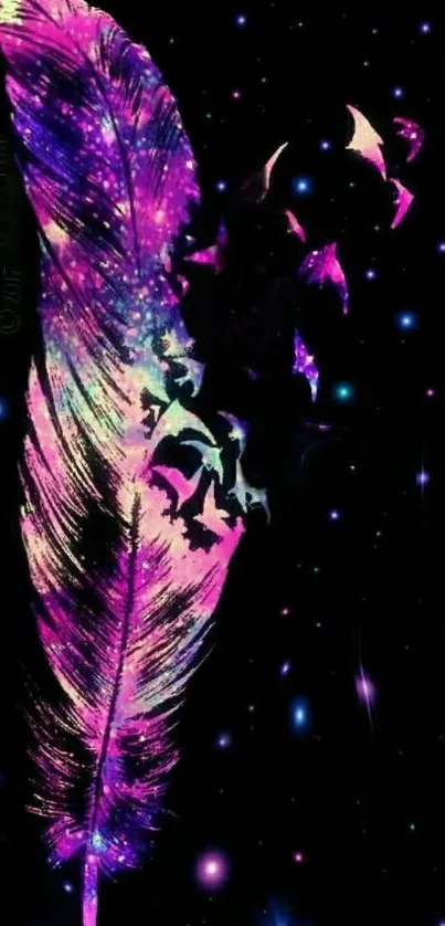 Purple cosmic feather with galaxy background