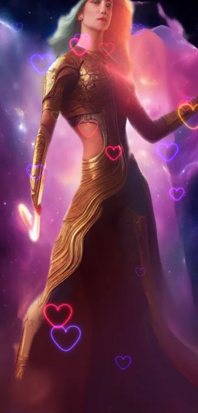 Cosmic female warrior in golden armor with glowing hearts and galaxy background.