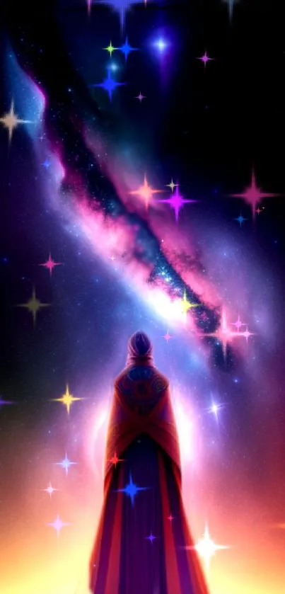 Vibrant cosmic scene with starry sky and mysterious cloaked figure.