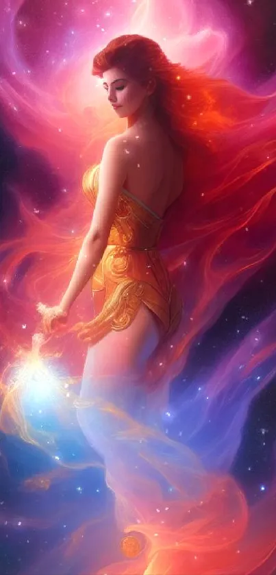 Cosmic fire goddess with vibrant flowing colors in space.