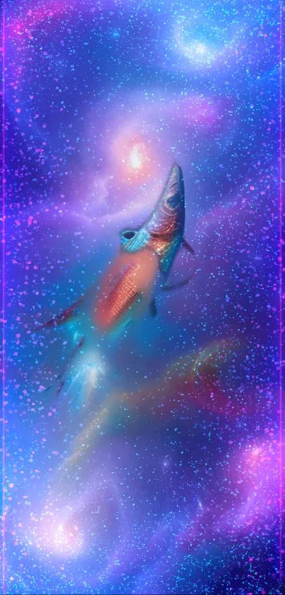 Colorful fish swimming in a galaxy-themed wallpaper with vibrant stars.