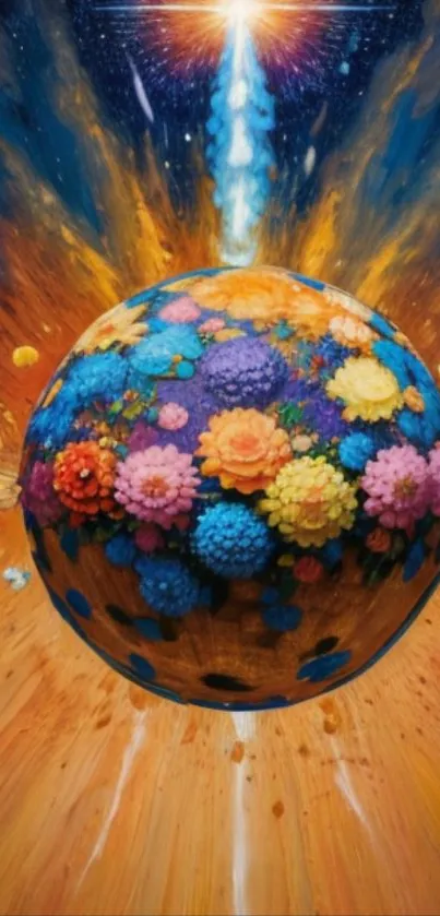 Cosmic floral explosion with vibrant colors and a universe theme for mobile wallpaper.