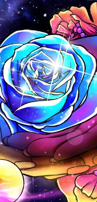 Colorful cosmic art with a glowing blue rose, surrounded by hands and flowers.