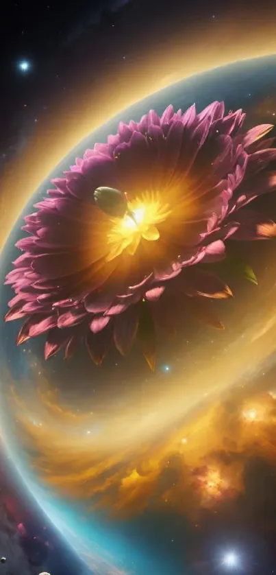 Cosmic flower blooming in a galaxy art scene.