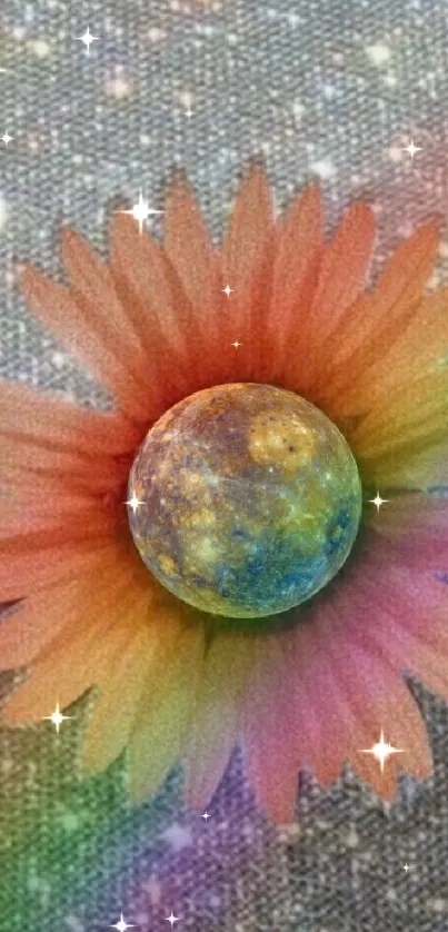 Colorful cosmic flower with rainbow on galaxy backdrop.