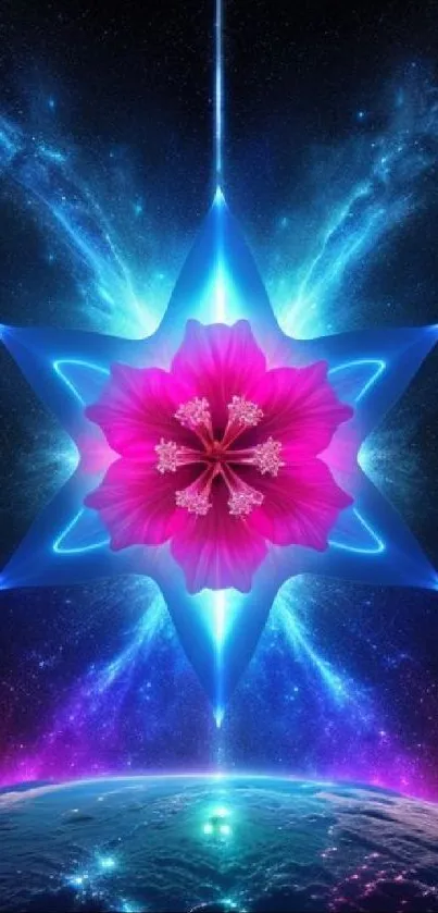 Abstract cosmic flower star wallpaper with vibrant colors and space background.