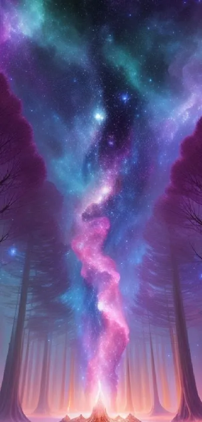 Colorful aurora lights in cosmic forest scene with tall trees under night sky.