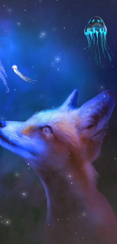 Fox gazing at glowing jellyfish in a cosmic night scene.