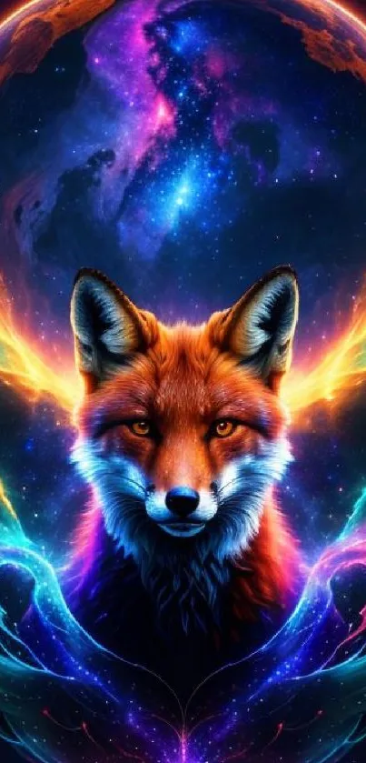 Vivid cosmic fox facing forward with colorful galaxy background.