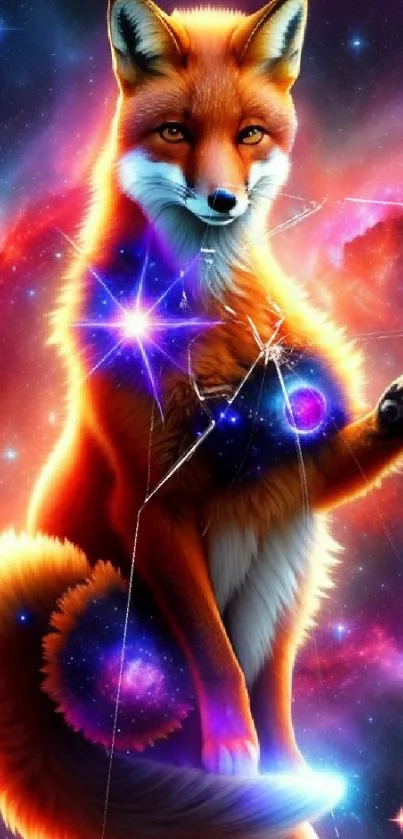 Fantastic cosmic fox with starry galaxy background.