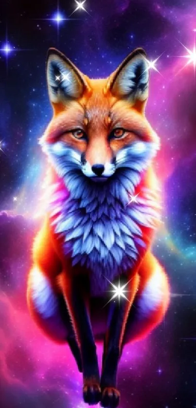 A vibrant fox amidst a cosmic galaxy scene, with purple and pink hues.