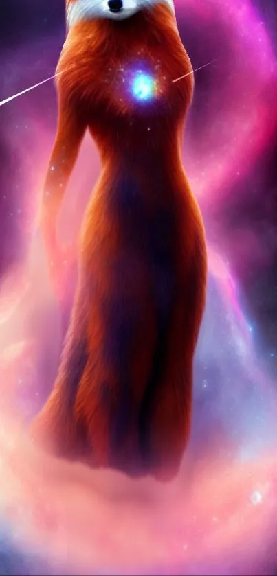 A cosmic fox glowing within a purple nebula background.