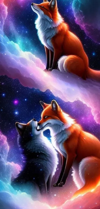 Artistic wallpaper featuring two foxes in a colorful cosmic swirl.