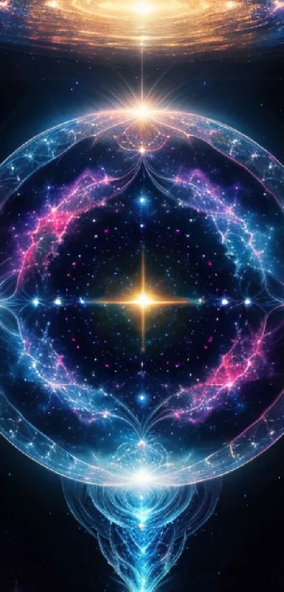 Vibrant cosmic fractal light wallpaper with galaxy design and star patterns.