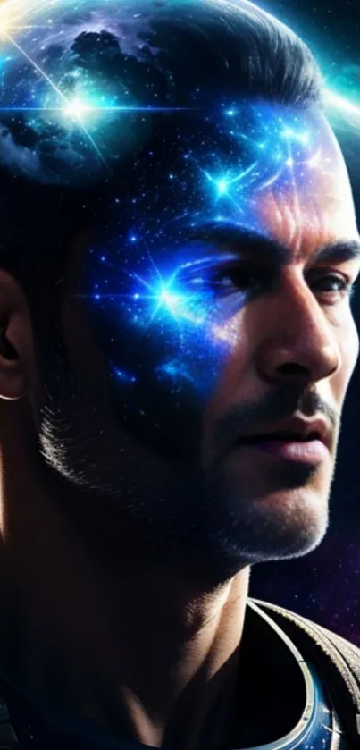 A cosmic fusion portrait with space elements and a human face.