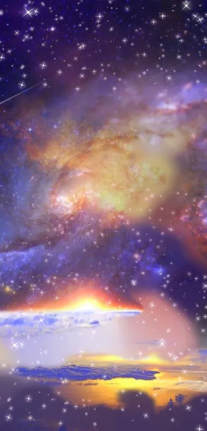 Vibrant galaxy wallpaper with stars and glowing cosmic clouds.