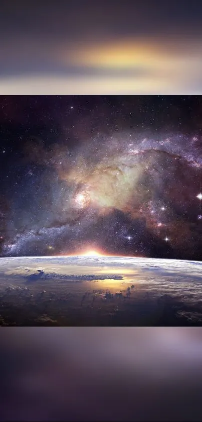 Cosmic view of Earth with galaxy backdrop and stars.