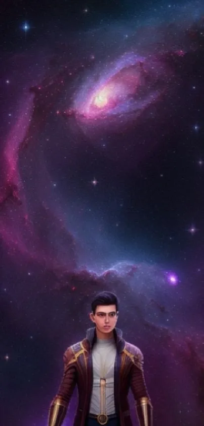 Fantasy character with purple galaxy background in space art.