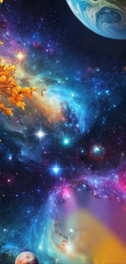 A colorful cosmic galaxy wallpaper with vibrant stars and distant planets.