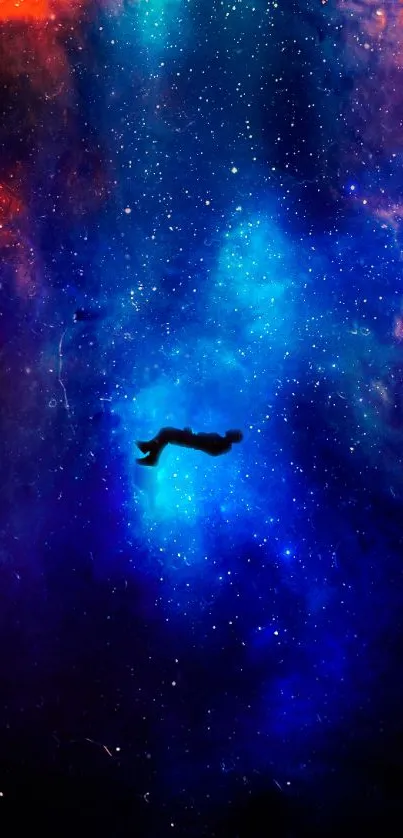 Floating astronaut in vibrant blue galaxy scene.