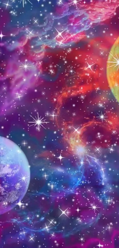 Vibrant galaxy wallpaper with colorful planets and stars.