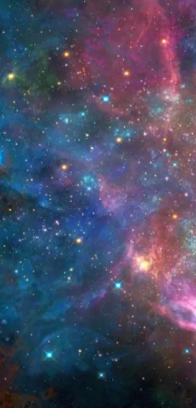 Vibrant cosmic galaxy wallpaper with stars and nebula in blues and purples.