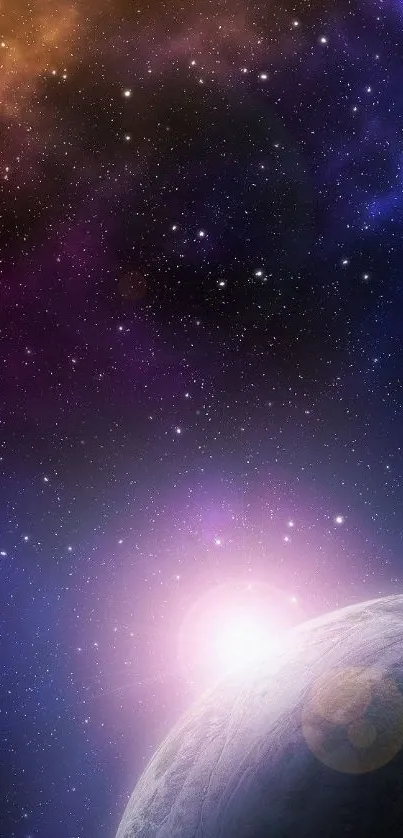 Purple galaxy background with planet in lower corner.