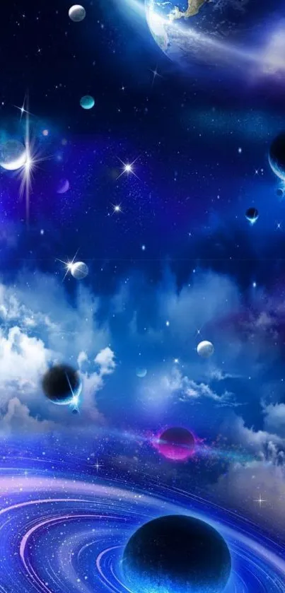 Vibrant galaxy wallpaper with stars and planets in a cosmic blue scene.