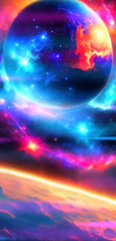 Vibrant cosmic galaxy wallpaper with colorful nebula and planet.