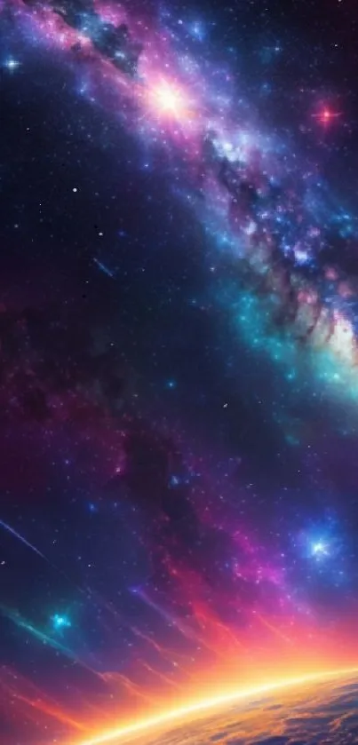 Vibrant galaxy background with cosmic stars and bright nebula hues for mobile devices.