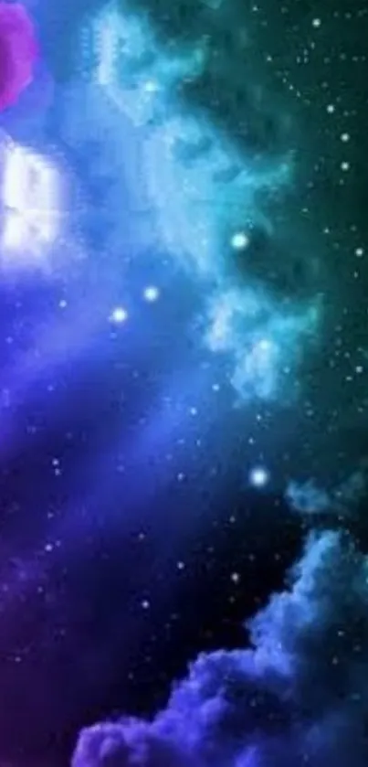 Vibrant cosmic galaxy wallpaper with purple and blue nebulae and stars.