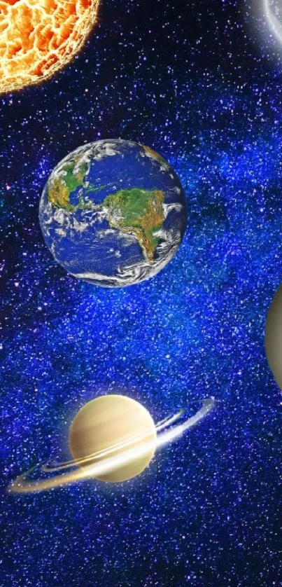 Mobile wallpaper featuring galaxies, planets, and stars against a deep blue background.