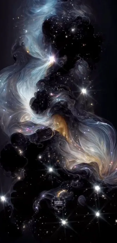 Galaxy nebula art with swirling stars and cosmic clouds on a dark background.