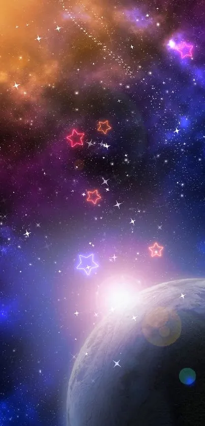 Vibrant cosmic galaxy wallpaper with a distant planet view.