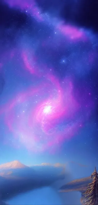 Vibrant cosmic galaxy phone wallpaper with purple and pink nebulae swirls.